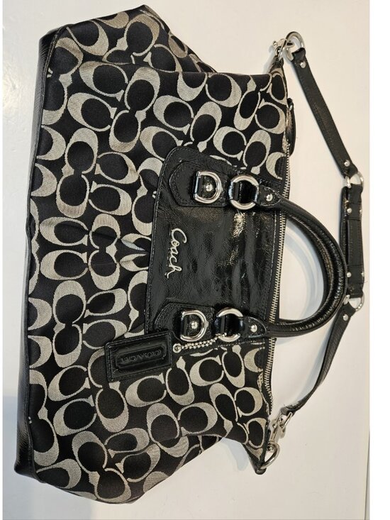 Coach Ashley Signature Black Silver Large Satchel Handbag Shoulder Bag F15443 - Picture 1 of 16